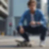 A heavy blue shirt styled with skateboard gear