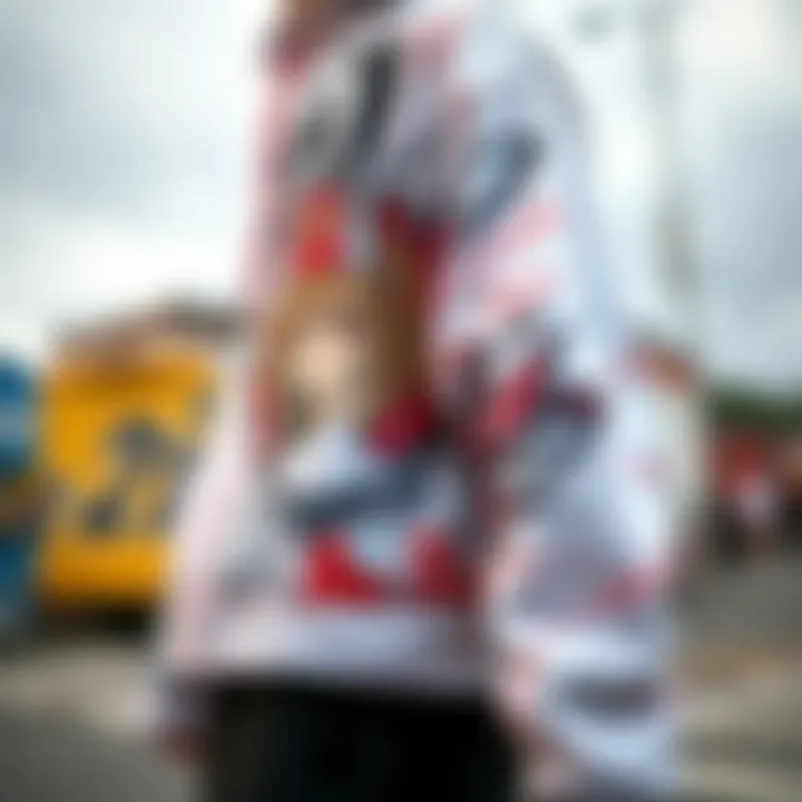 A close-up of an oversized hoodie displaying intricate anime artwork, highlighting the artistic aspect of skate fashion.
