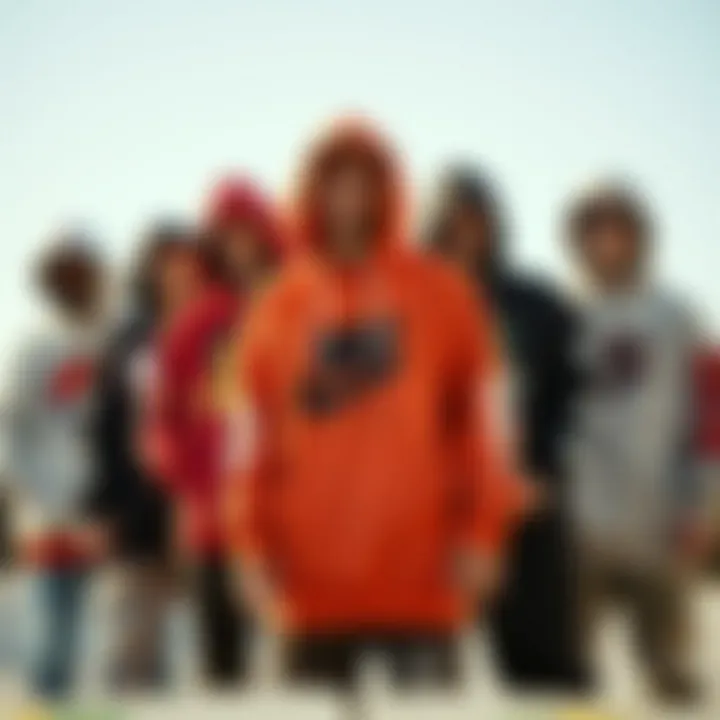 A group of skaters wearing various oversized hoodies, reflecting the vibrant intersection of skate culture and anime fandom.