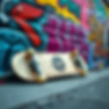 A skateboard leaning against a colorful wall adorned with anime graffiti, representing the fusion of urban art and skate culture.