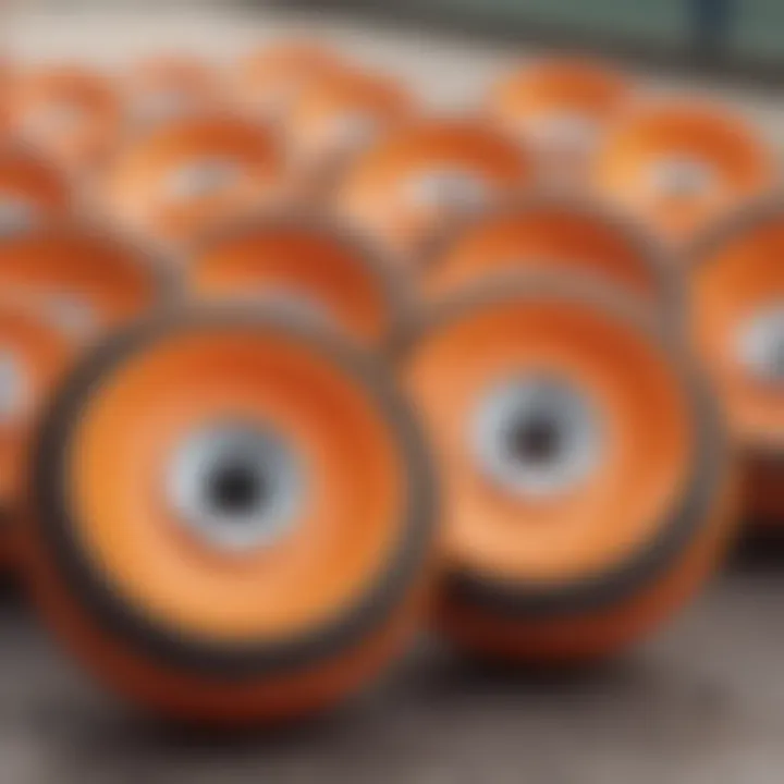 Close-up of vibrant orange skateboard wheels showcasing their unique design.