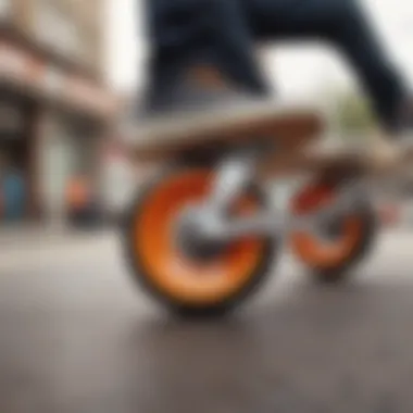 An artistic display of orange wheels representing skate culture.