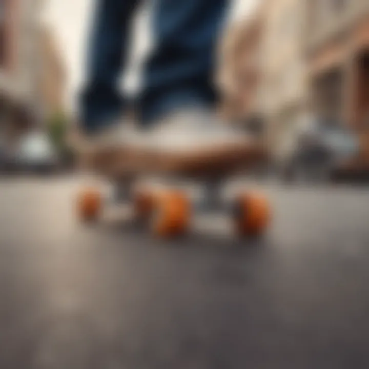 Trendy skateboard featuring striking orange wheels in an urban setting.