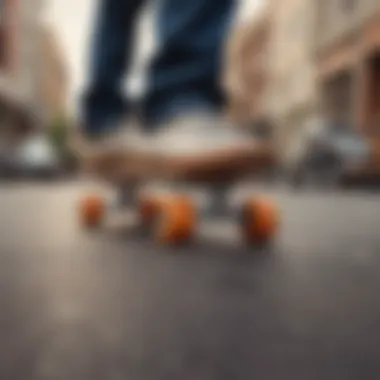 Trendy Skateboard with Striking Orange Wheels Trendy skateboard featuring striking orange wheels in an urban setting.