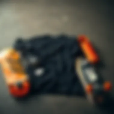 Skate Gear Aesthetics Skateboarding gear laid out with emphasis on black and orange aesthetics