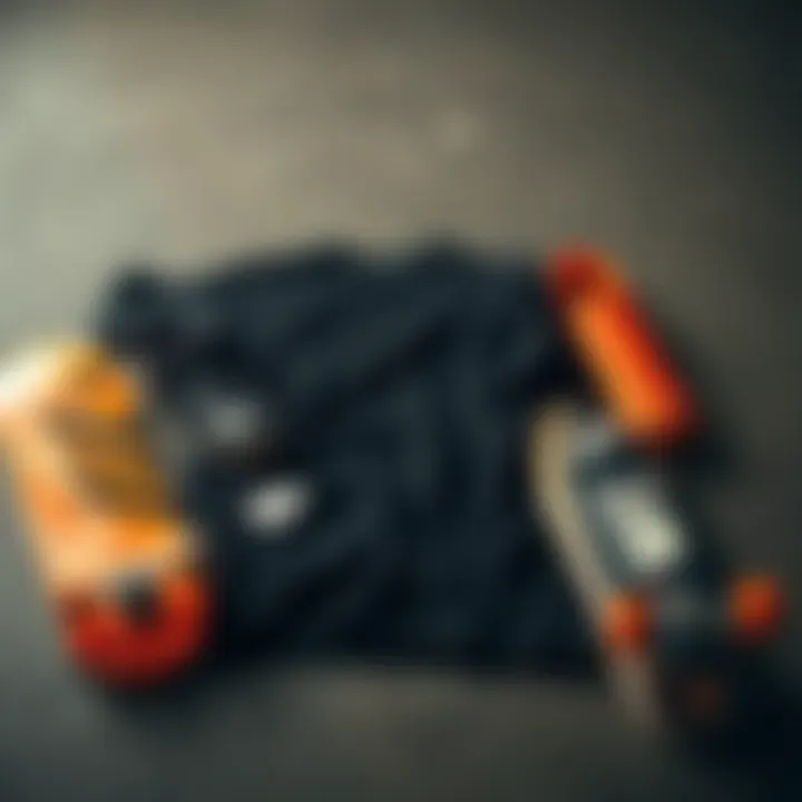Skate Gear Aesthetics Skateboarding gear laid out with emphasis on black and orange aesthetics