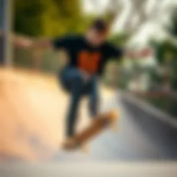 A skateboarder wearing a black t-shirt performing a trick on a ramp