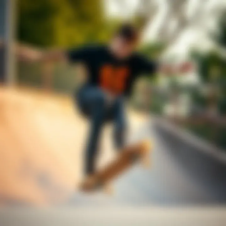 Skateboarder in Action A skateboarder wearing a black t-shirt performing a trick on a ramp