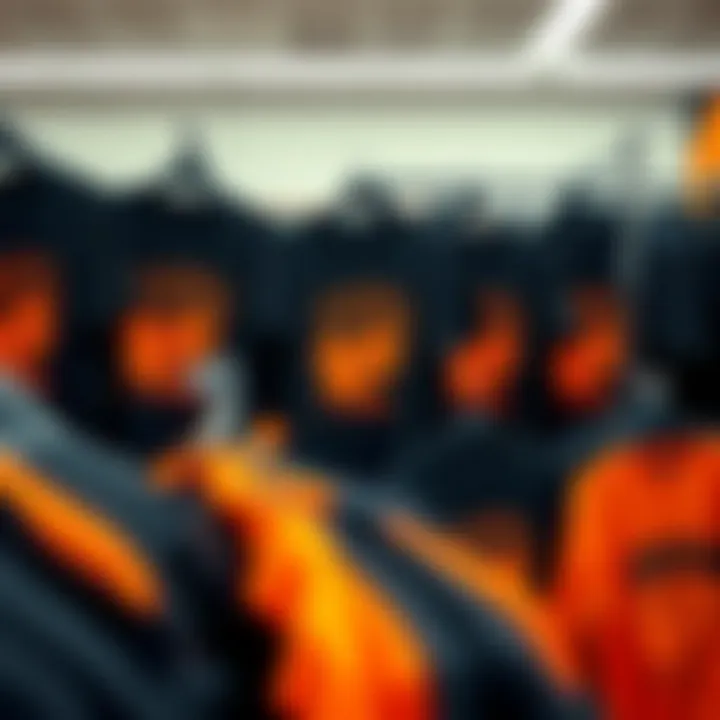 Vibrant T-Shirt Display A collection of black and orange t-shirts displayed creatively