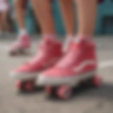 Group of skaters showcasing their unique styles with red and pink Vans