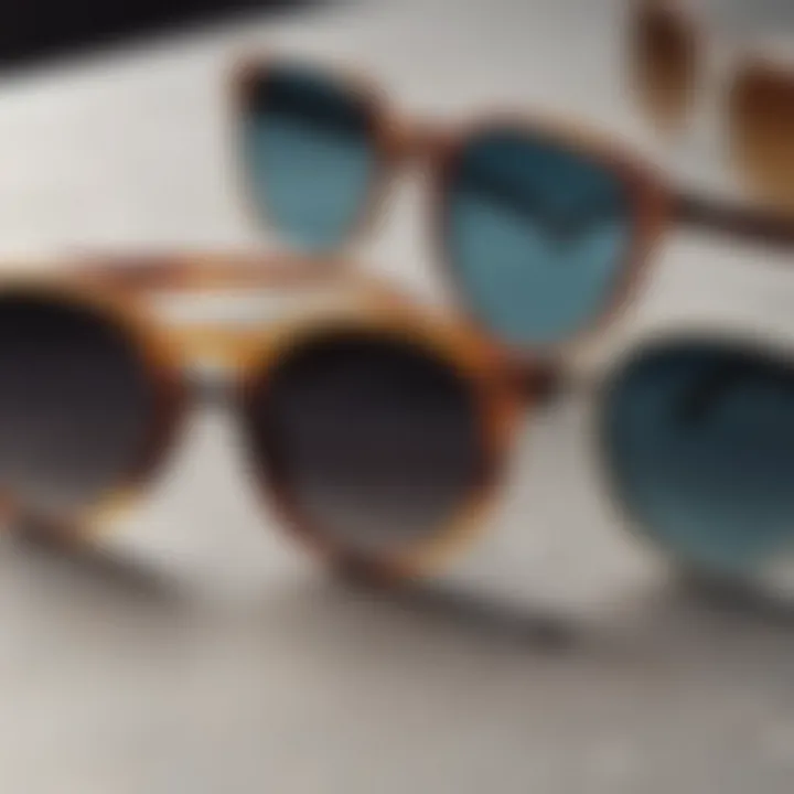 Close-up of various round frame sunglasses showcasing different materials