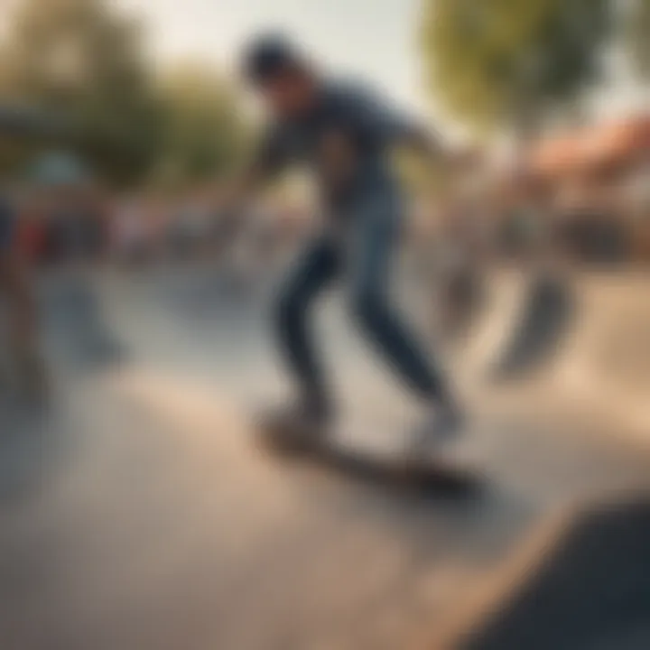 A vibrant skate park filled with skaters of various skill levels