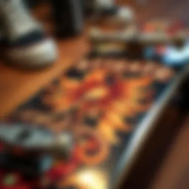 Intricate Art on Skateboard Deck Close-up of a skateboard deck featuring intricate art