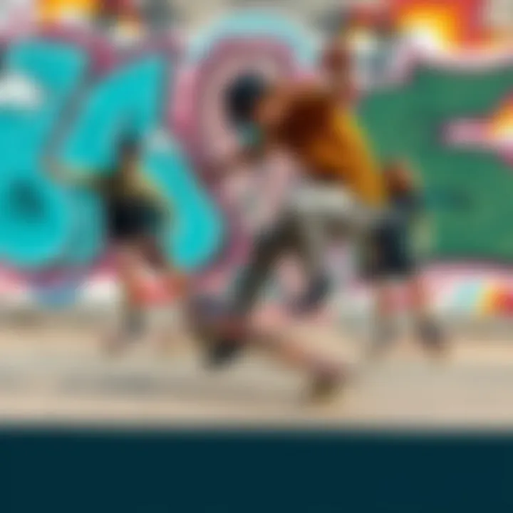 Skateboarders in Action with Street Art Backdrop Skateboarders performing tricks in front of street art