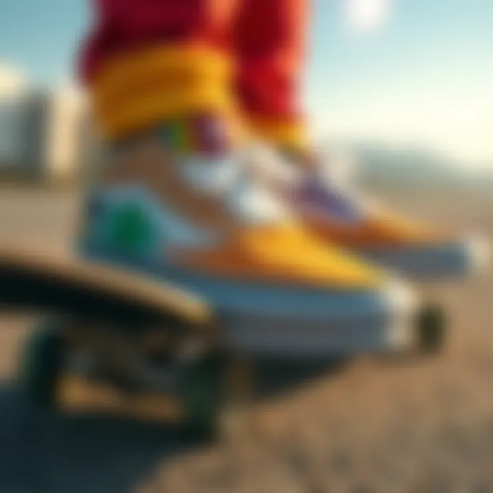 Rainbow-Themed Vans on Skateboard Close-up of rainbow-themed Vans shoes on a skateboard