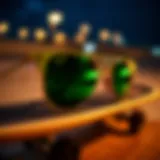 Close-up view of gold Ray-Ban sunglasses resting on a skateboard