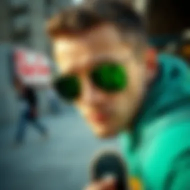 Iconic skateboarder showcasing gold and green Ray-Bans in an urban setting