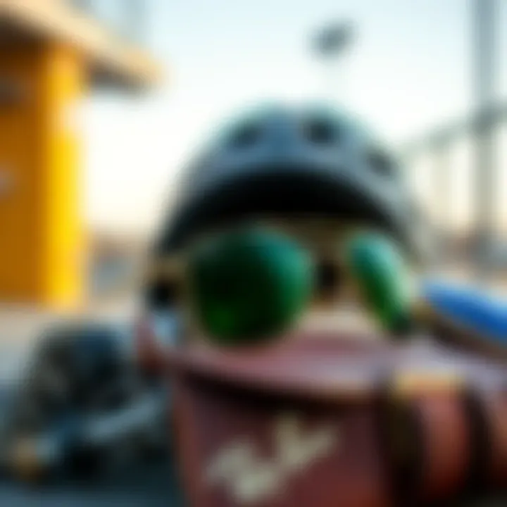 Ray-Bans and Skate Accessories Composition Artistic arrangement of gold and green Ray-Ban sunglasses with skate accessories