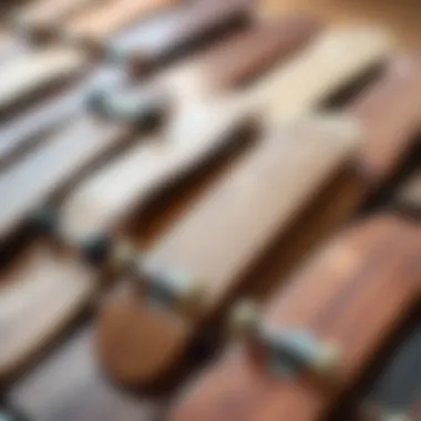An array of diverse fingerboards made from various types of wood.