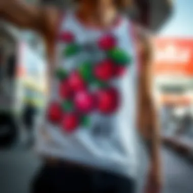 Artistic cherry-themed design elements on a tank top