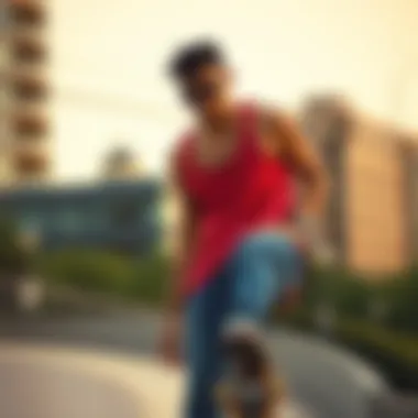 Skateboarder wearing a cherry tank top in an urban landscape