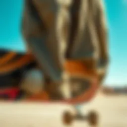 A close-up of a textured khaki jacket hanging on a skateboard