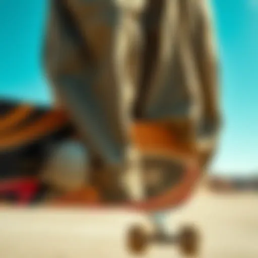 A close-up of a textured khaki jacket hanging on a skateboard