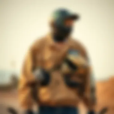 Vintage Khaki Jacket with Skate Gear A vintage-style khaki jacket displayed with skateboarding gear