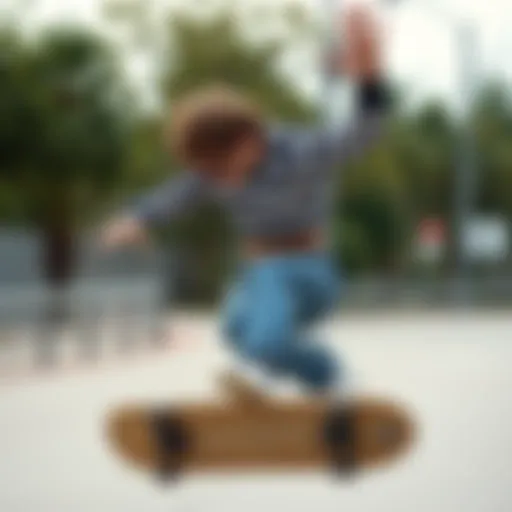 A skateboarder wearing a long sleeve stripe crop top while performing a trick