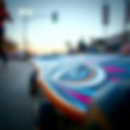 Close-up view of a lowrider longboard showcasing its unique graphic design.