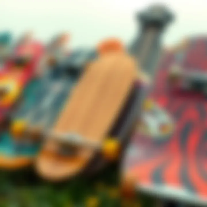 Variety in Lowrider Longboard Designs A group of lowrider longboards displayed in a dynamic arrangement, illustrating diversity in design.