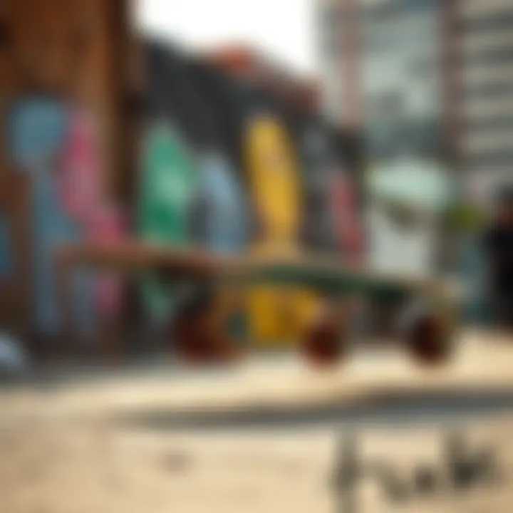 Cultural Influence of Lowrider Longboards A vibrant lowrider longboard against an urban backdrop, highlighting its cultural significance.