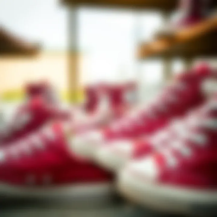 A collection of maroon Chuck Taylor Converse sneakers in various settings