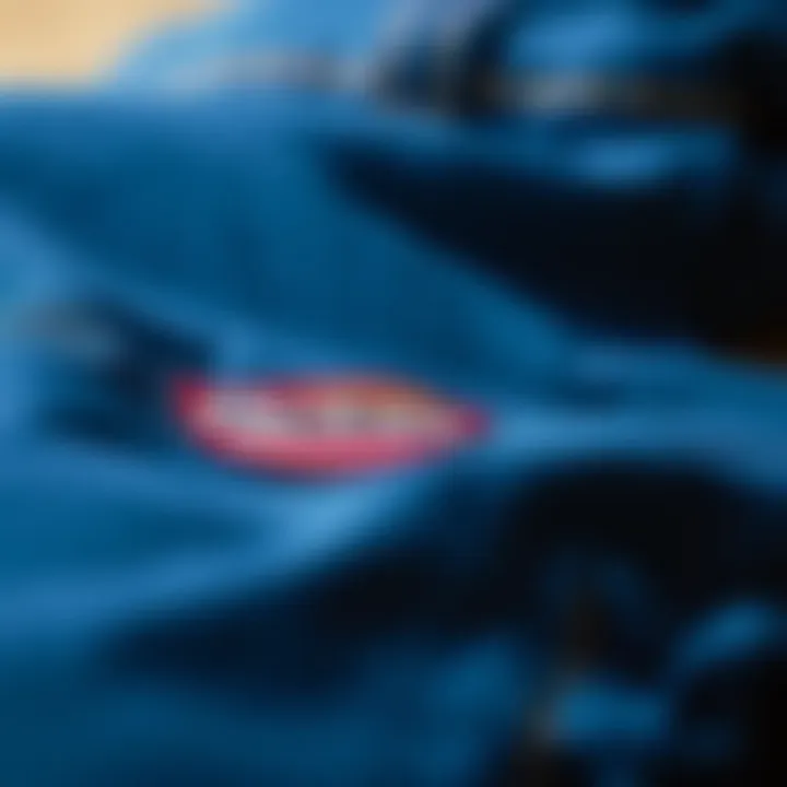A close-up of blue Dickies showcasing fabric texture and stitching