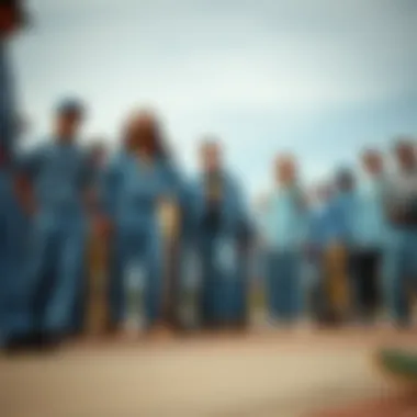 A group of skateboarders gathered, all wearing blue Dickies