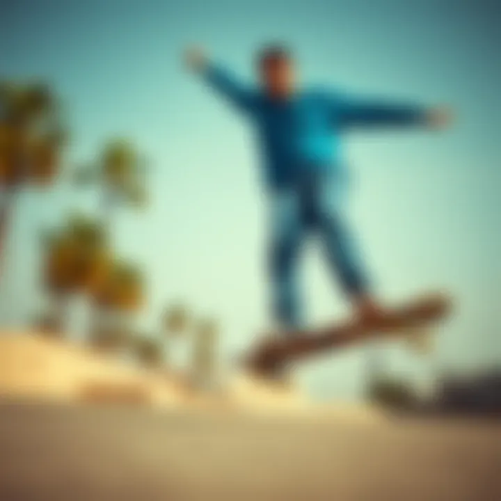 A skateboarder in a dynamic pose wearing blue Dickies