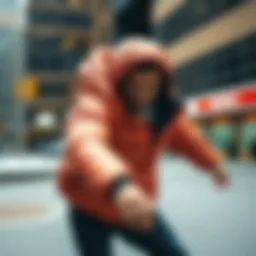 A skater showcasing the penny packable puffer jacket in an urban skate environment.