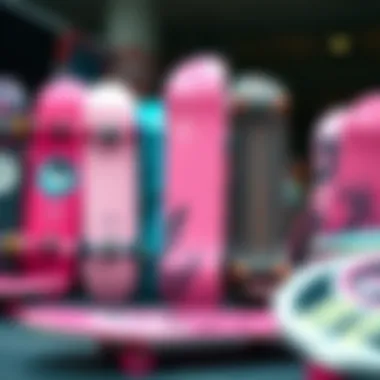 A collection of pink skateboards displaying various styles and shapes