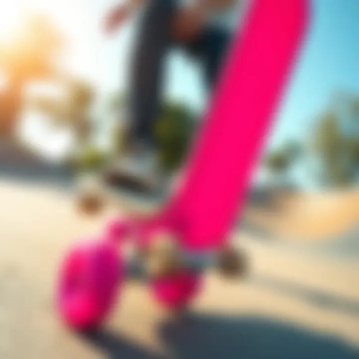 A vibrant pink skateboard featured in a skate park setting