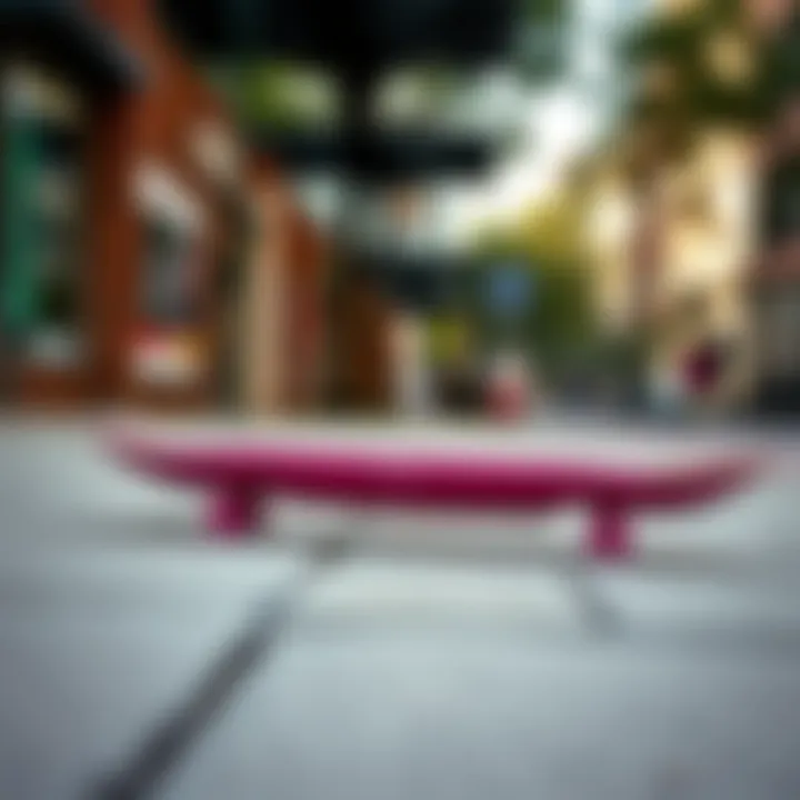 A sleek pink skateboard resting on an urban sidewalk