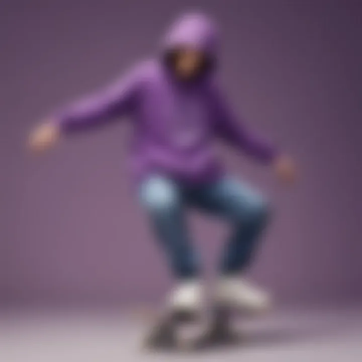 A renowned skateboarder performing a trick while wearing a purple sweatshirt