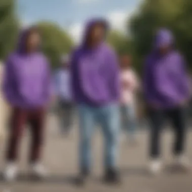 A group of skateboarders wearing purple hooded sweatshirts in an urban setting