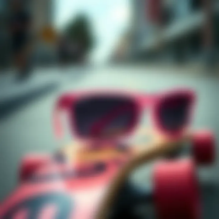A close-up view of stylish pink sunglasses resting on a skateboard