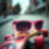 Close-Up of Trendy Pink Sunglasses on Skateboard A close-up view of stylish pink sunglasses resting on a skateboard