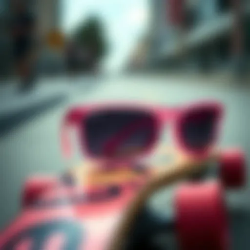 Close-Up of Trendy Pink Sunglasses on Skateboard A close-up view of stylish pink sunglasses resting on a skateboard