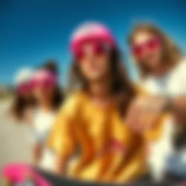A group of skaters showcasing diverse styles with pink sunglasses