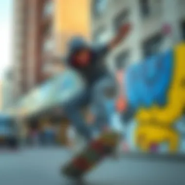 An urban scene of a skater performing a trick wearing pink sunglasses