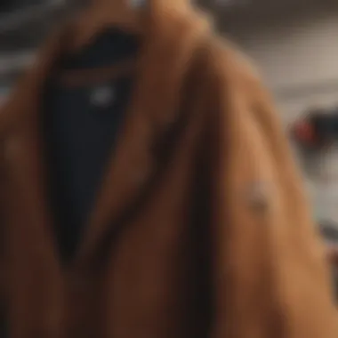 Close-up of the texture and details of a brown corduroy jacket hanging on a rack