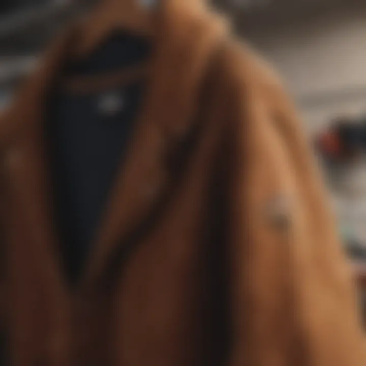 Close-up of the texture and details of a brown corduroy jacket hanging on a rack