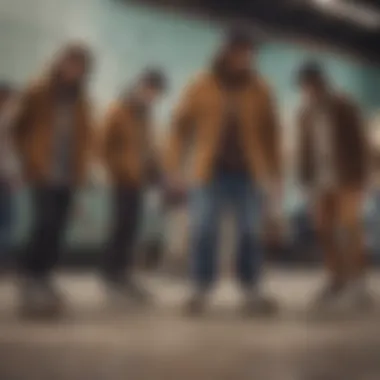 Group of skaters wearing diverse styles, including brown corduroy jackets